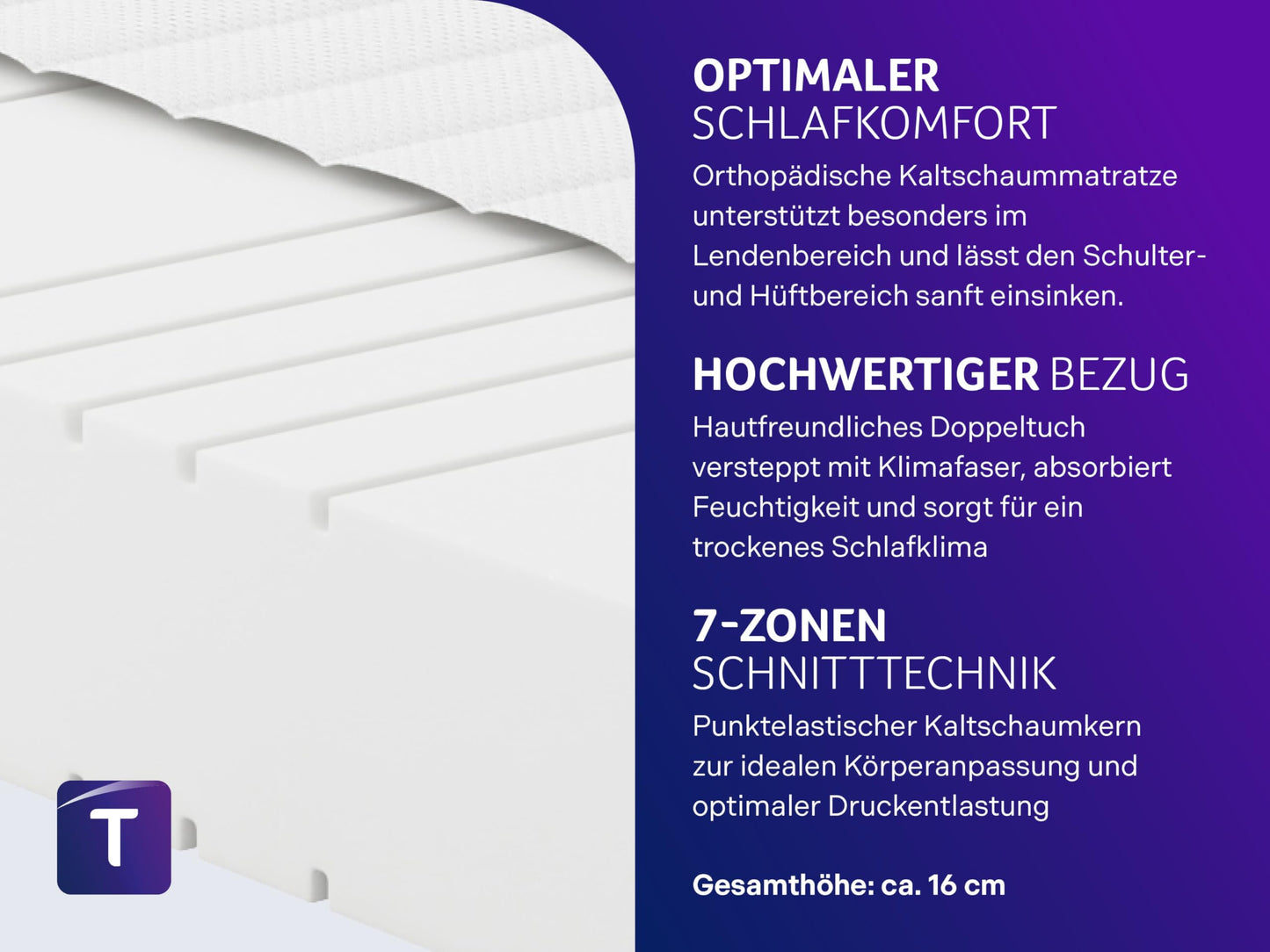 7-Zonen Kaltschaummatratze H3 – Orthopädisch, Öko-Tex, 140x200 cm